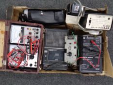 A box of Micranta tester, transistor checker, Realistic CB radio, cassette deck,