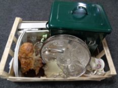 A box of miscellaneous to include enamel bread bin, vintage first aid kit, beefeater plate,