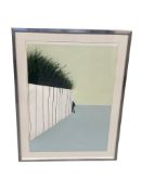 Contemporary School : Gentleman by a wall, colour print, 49 cm x 70 cm, framed.