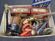 A crate of tools, vintage Roberts and DAB radio, letter boxes,