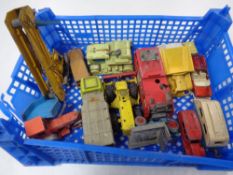 A box of mid century play worn die cast vehicles to include Dinky Super toys, elevator loader,