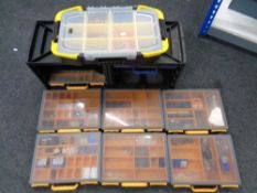 Two Raaco handy boxes containing pull out trays, drill bits, nuts, bolts, pliers, plastic fittings,