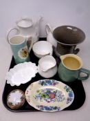 A tray of ceramics, Limoges lidded dish, Masons dish, Denby jug, Wedgwood vase,