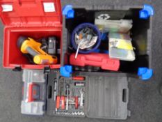 Two crates and tool box containing Durex tool kit, power devil screw driver, screws,