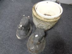 A concrete planter together with two horse head plaques, small quantity of galvanised buckets.