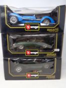 Three Burago 1:18 die cast cars - Jaguar E Cabriolet, Jaguar SS100 and a Bugatti Type 59,