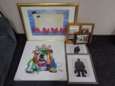 A contemporary oil on canvas of a bulldog together with two Alexander Millar framed prints,