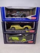 Three Kyosho 1:18 scale die cast cars - two x Super 7 JPE and a Triumph 3 yellow,
