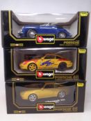 Three Burago Diamonds 1:18 die cast cars - Porsche 911 Carrera 1993, Porsche 356 B Cabriolet 1961,