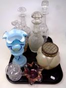 A tray of antique and later glass, decanter, blue glass vase,