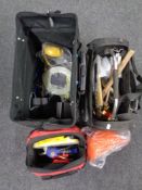 Three tool bags by Macallister, steel forge containing cable, ear defenders, hard hat, hand tools,