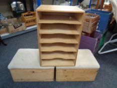 Two pine upholstered storage boxes together with a filing shelf