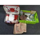 A cased vintage picnic set together with a quantity of The Pilgrims Progress family edition