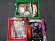 Three plastic crates containing Black and Decker Drill, vices, cabling, door furniture,