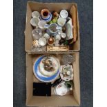 Two boxes of ceramics and glassware, Poole pottery mice, commemorative mugs, wooden chopping board,