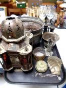 A tray containing vintage opera glasses, antique and later metal wares, copper planter,