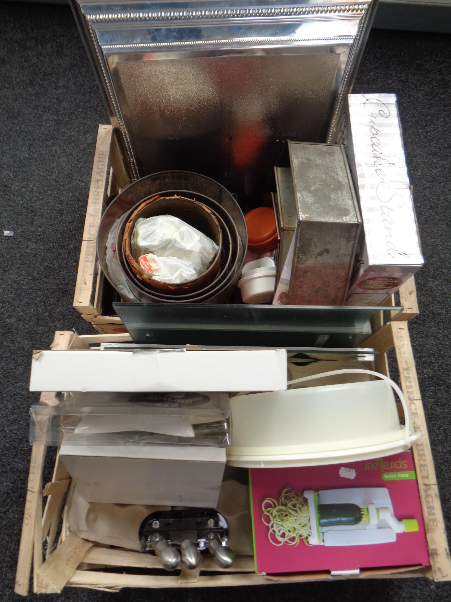 Two boxes of wedding cake stand, kitchen wares,