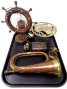 A tray of ships wheel lamp together with antique and later metal wares, brass hunting horn,