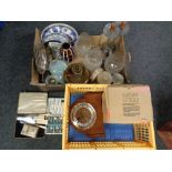 Two boxes of walnut mantel clock, boxed cutlery, Ringtons blue and white plates,