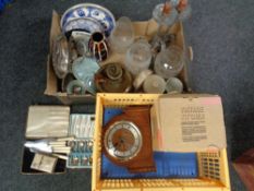 Two boxes of walnut mantel clock, boxed cutlery, Ringtons blue and white plates,