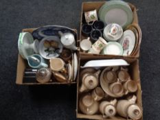 Three boxes of pottery tea set, assorted plates, Buddha head,