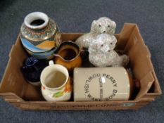 A box of ceramics, Japanese vase, pair of spaniel figures,