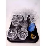 A tray of glass ware, desert bowls, German thistle candlestick,
