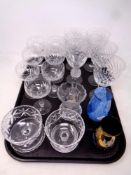 A tray of glass ware, desert bowls, German thistle candlestick,