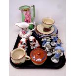 A tray of ceramics including hand painted Grays pottery jug, further Spode jug, Devon ware,