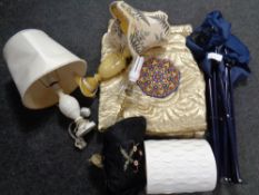 A box of table lamps with shades, tapestry, tea cosy, folding camping chair,