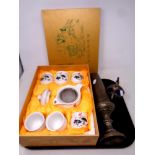 A tray of boxed Chinese tea set, Indian brass vase,