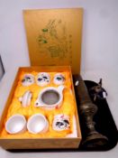 A tray of boxed Chinese tea set, Indian brass vase,