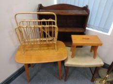 A set of Edwardian mahogany open bookshelves together with a vinyl stool, pine cracket,