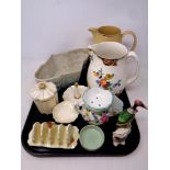 A tray of ceramics, George V Wedgwood jug, Beswick planter and toast rack,