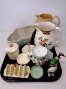 A tray of ceramics, George V Wedgwood jug, Beswick planter and toast rack,