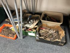 Five boxes and crates containing tap and die sets, scissors, Stanley knives, pliers,