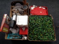 Three boxes containing Christmas decorations, pair of wooden candlesticks,