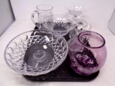 A tray of cut glass and crystal, Tudor comport, water jugs,
