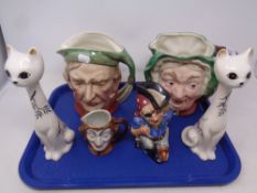 A tray of two large Beswick character jugs together with two further character jugs and pair of