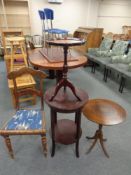 An antique dining chair together with circular two tier table and two wine tables