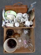 Two boxes of glass ware, Carlton ware bowl, tea china, money box,