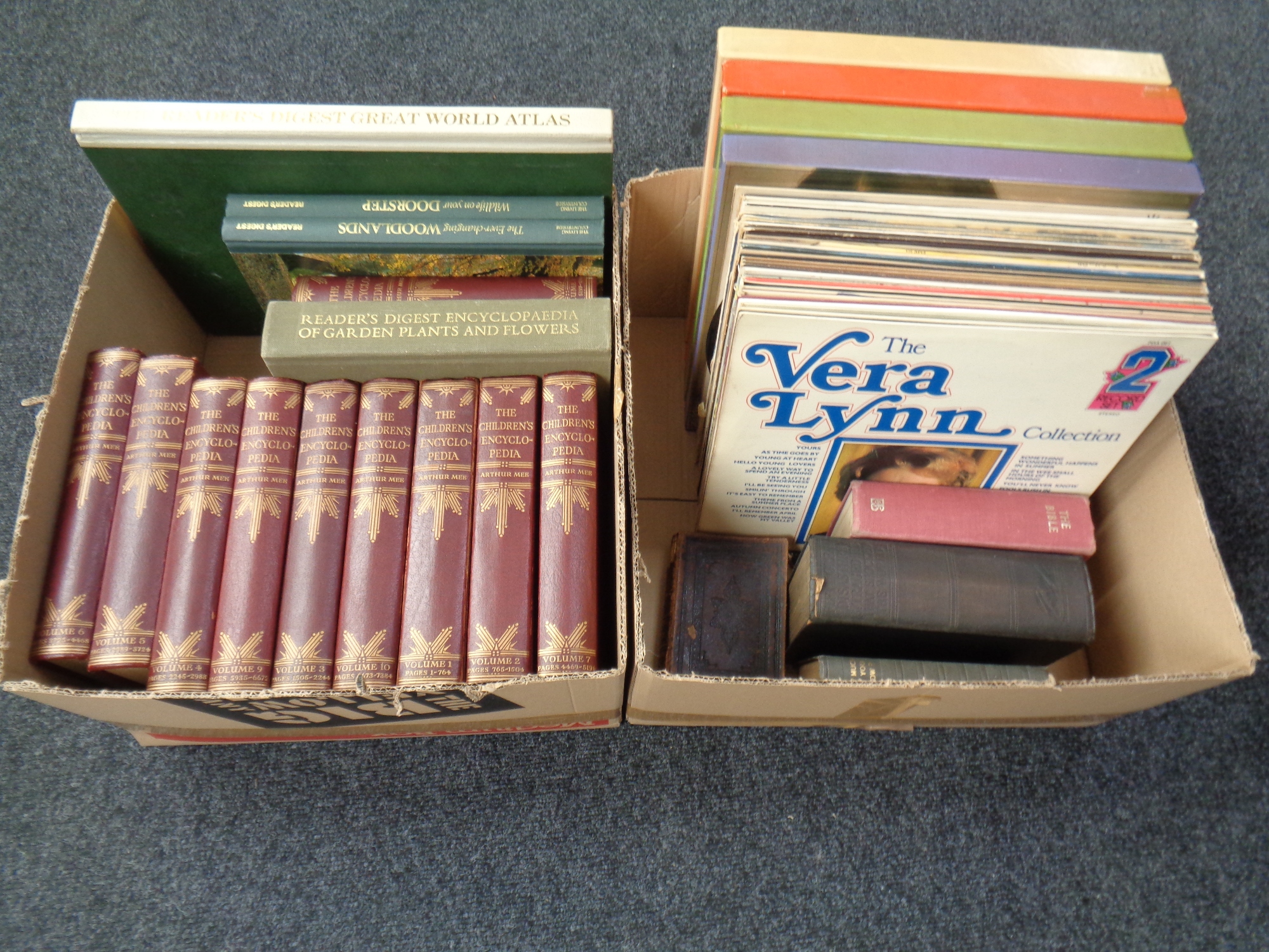 Two boxes of childrens books, Readers digest books, quantity of Vinyl lps,