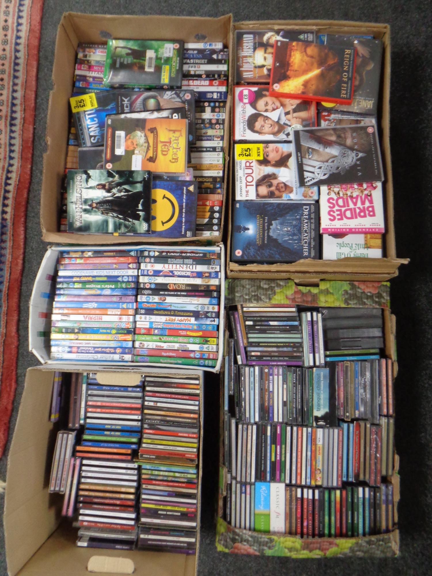 Five boxes of cds and dvds various