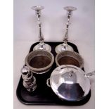 A tray of good quality silver plated wares, Viners plated candlesticks,