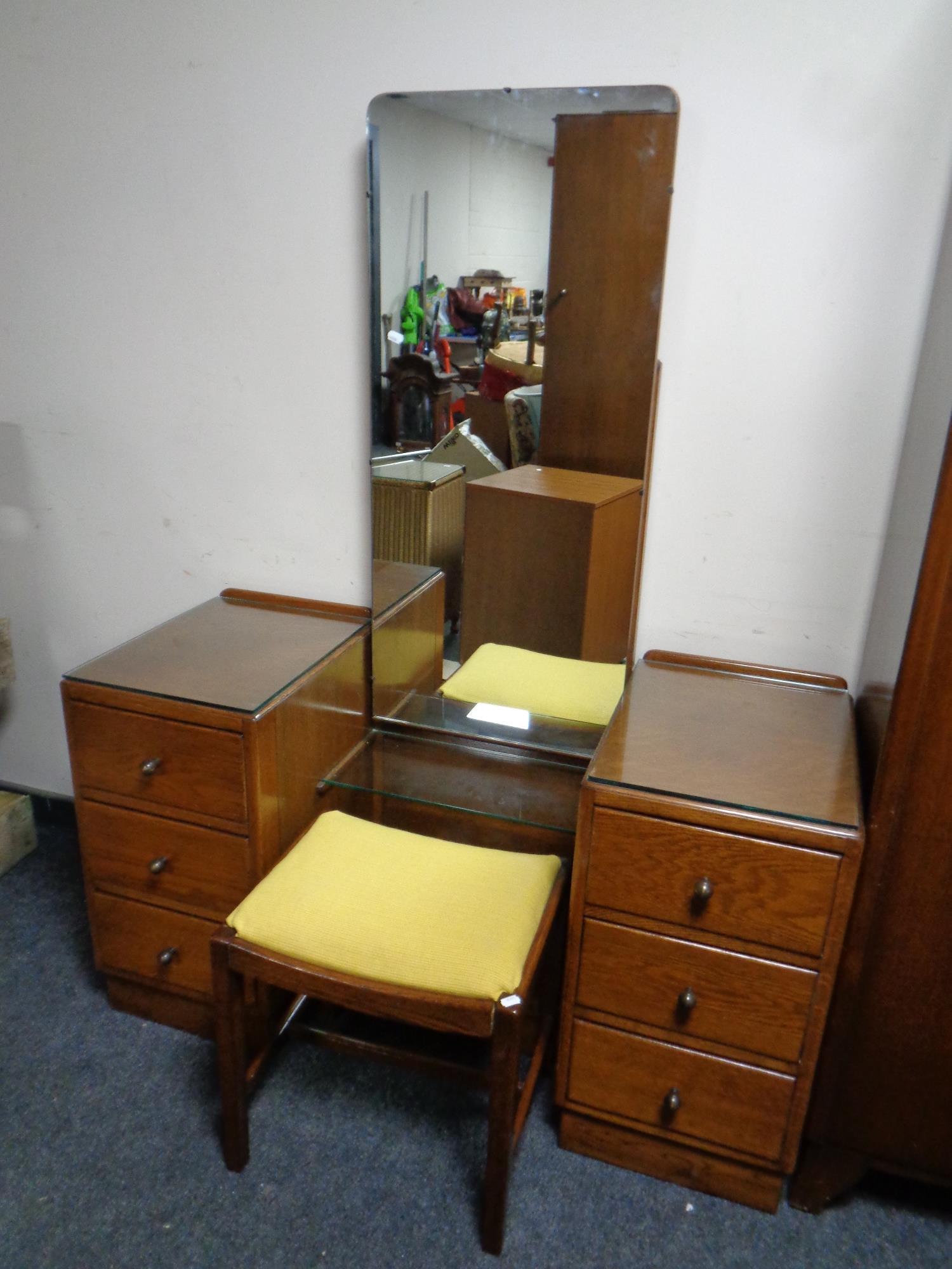 A mid century oak double door wardrobe together with a sunk centred dressing table with stool - Image 2 of 2