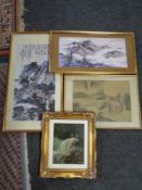 Three Japanese prints together with a further print - Fairy at a pond, all parts framed.