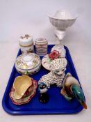 A tray of assorted ceramics including Limoges, Dubarry lidded pot,
