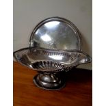 A silver plated pedestal dish and similar serving tray
