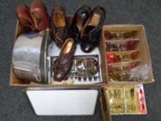 Two boxes of aluminium jam pan, Gent's leather brogues, part valve radio, door furniture,