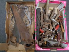 Two boxes containing a large quantity of hand tools including braces, whisk drills,